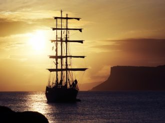 Anne Kelly Fairhead At Sunrise With The Tall Ship Thalassa